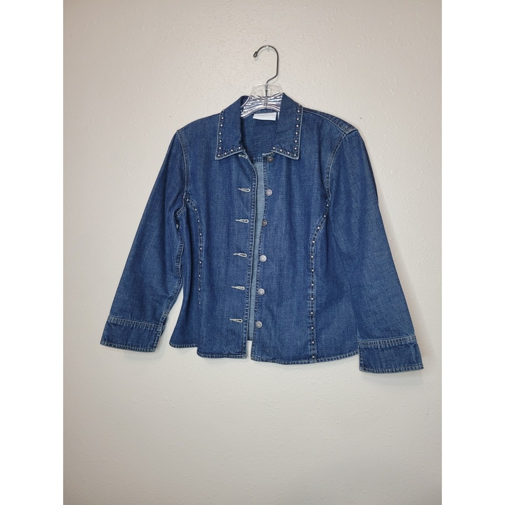 Liz‎ Claiborne Women's Studded Jean Jacket Blue Denim Button Up Petite Small